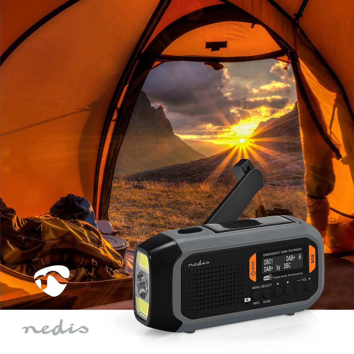 Radio d'urgence Nedis DAB FM avec manivelle, panneau solaire et batterie externe, Radio d'urgence portable pour les situations d'urgence, le camping et les activités de plein air