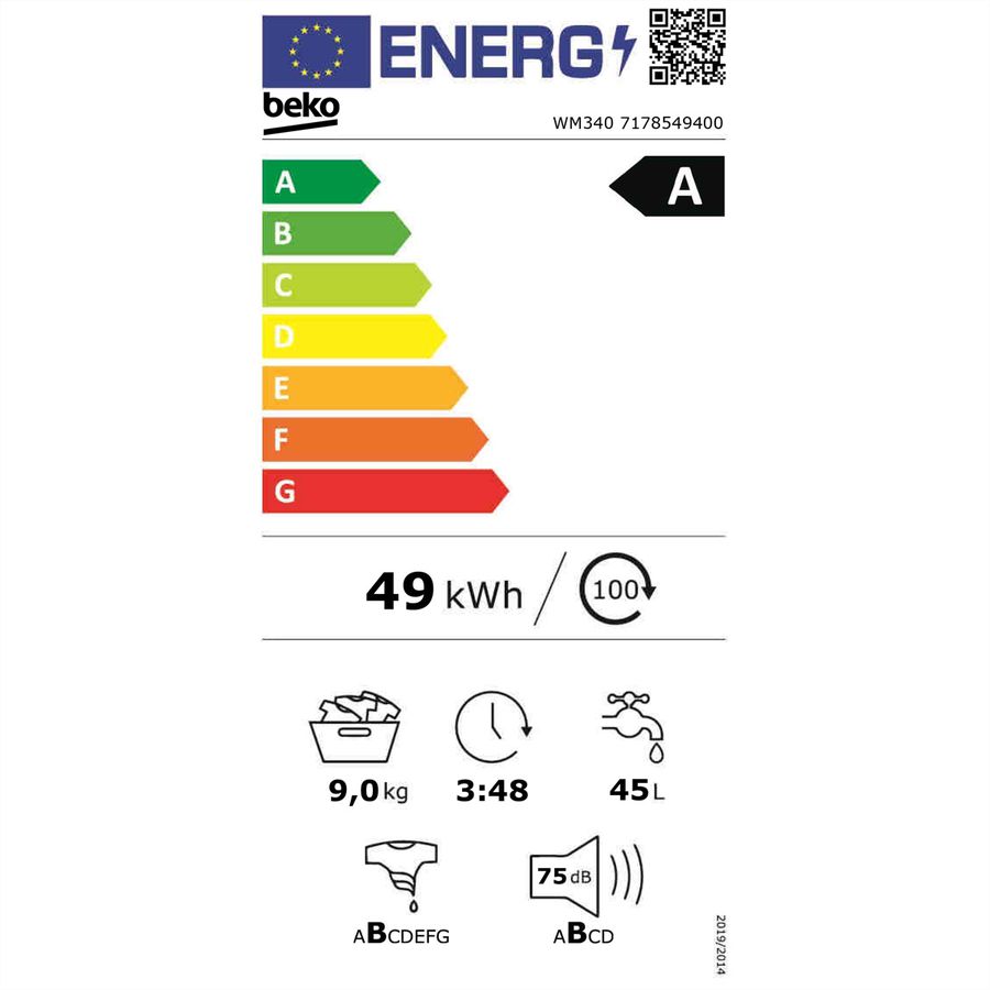 Beko lave-linge WM340, 9kg, A, blanc