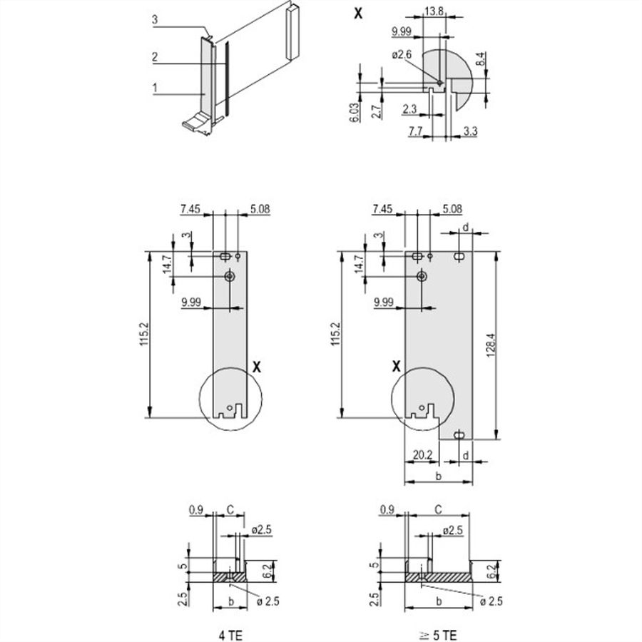 SCHROFF Plug-In Unit U-Profile Face avant pour IEL, IET, Type 2, 3 U, 12 HP, décalage 0,1", 2,5 mm, alu, anodisé frontal, conducteur arrière