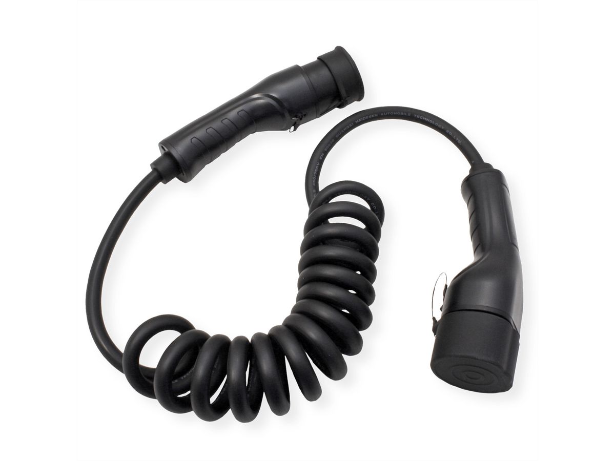 ROLINE E-Auto Ladekabel Typ2, 1-phasig, 250VAC (1P+N+E), 32 A, 7,4 kW, Spiralkabel (max. 2m)