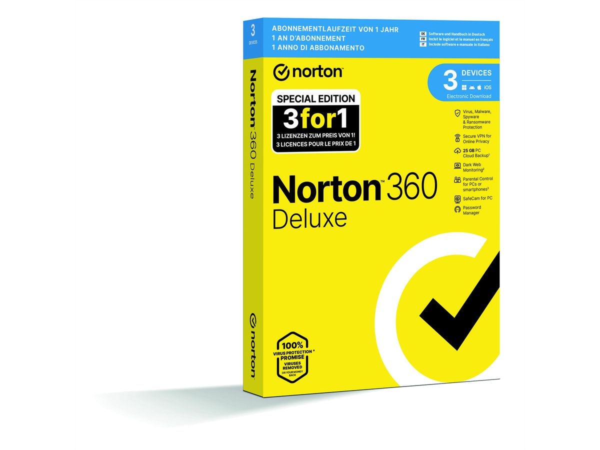 Norton Security 360 Deluxe 3 für 1, 25GB, 12 Monate