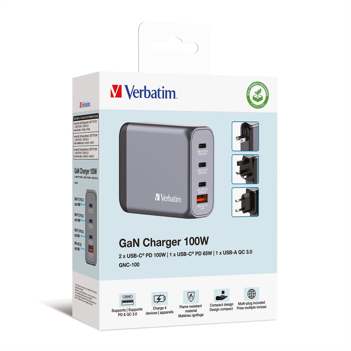 Verbatim GaN 4 Port Charger 100W, 3x USB-C, 1x USB-A, EU+UK Adapter