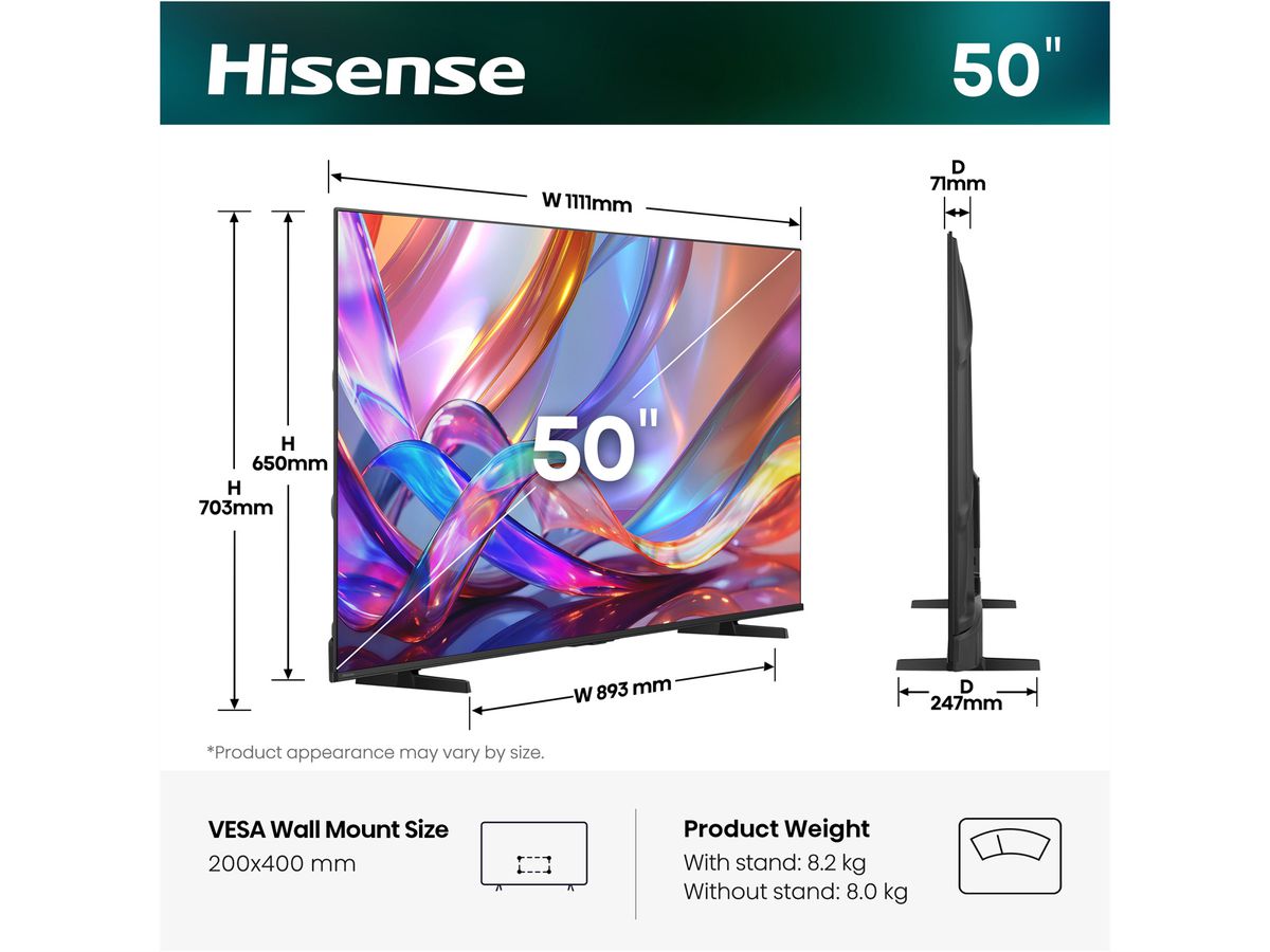 Hisense TV 50E7S 50", QLED 4K, 60Hz, 300 Nits