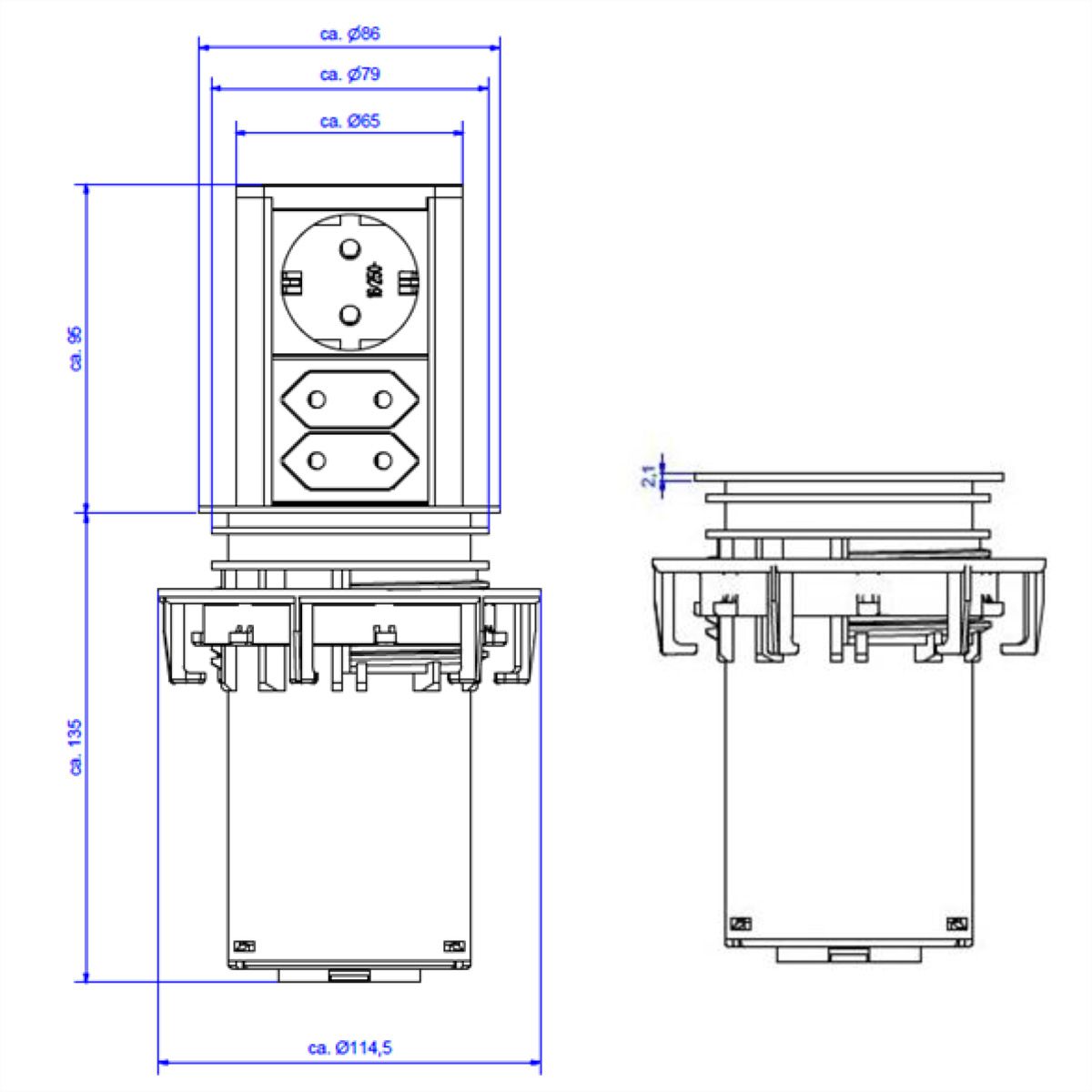 BACHMANN ELEVATOR 1x CEE 7/7 2x Euro, schwarz, 2 m