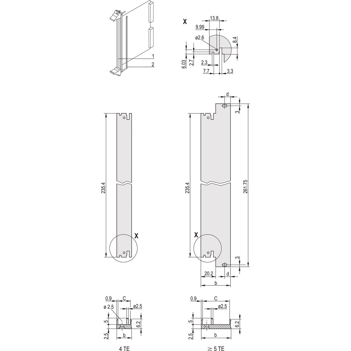 SCHROFF Plug-In Unit U-Profile Face avant pour IEL, IET, Type 2, 3 U, 5 HP, Décalage 0,1", 2,5 mm, Al, Anodisé frontal, Conducteur arrière