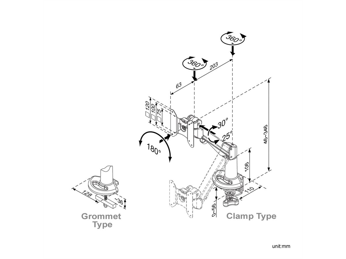 ROLINE LCD-Arm, Tischmontage, Gasfeder, 4 Gelenke, bis 8 kg