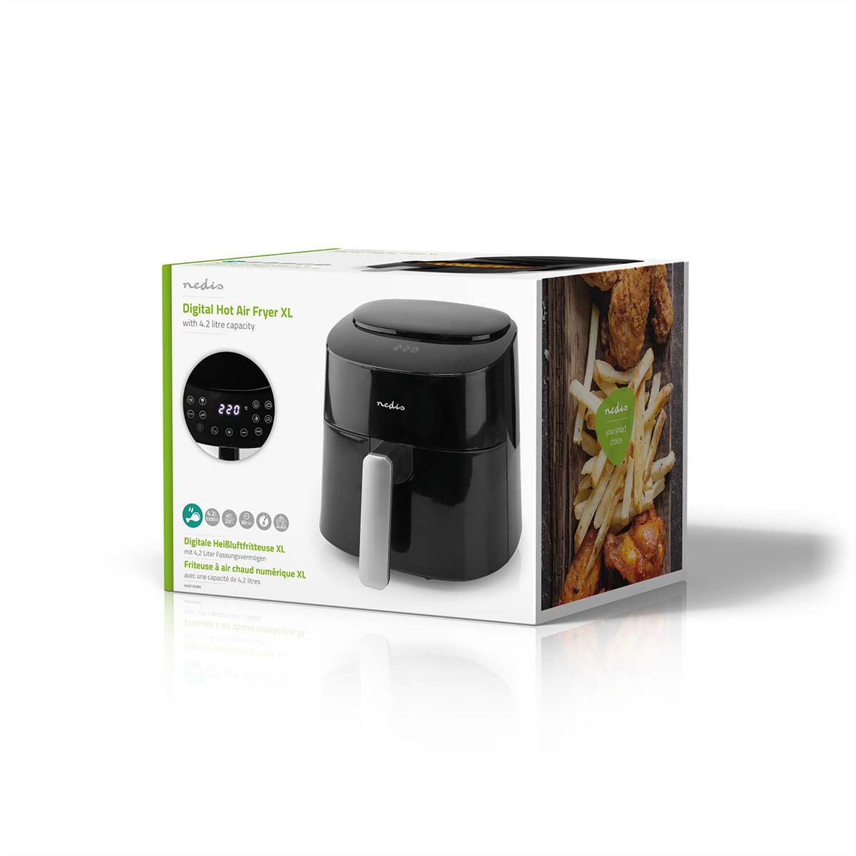 Friteuse à air chaud Nedis XL, 4,2 l, 1300 W, numérique, 8 programmes, , noir