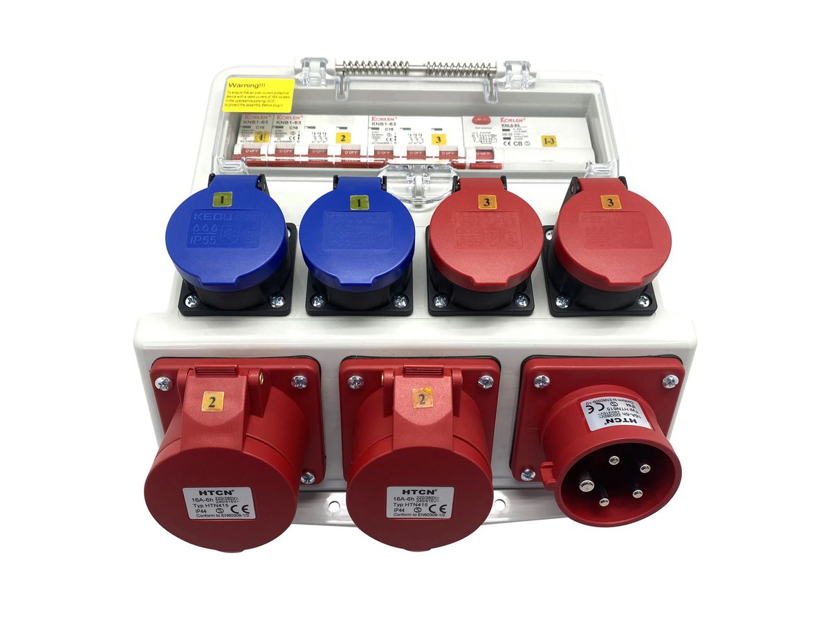 Stromverteiler 16A IP44/IP55 + FI Input, 1x CEE16/5 Output: 2xCEE16/5 2xT23 2xT25, grau