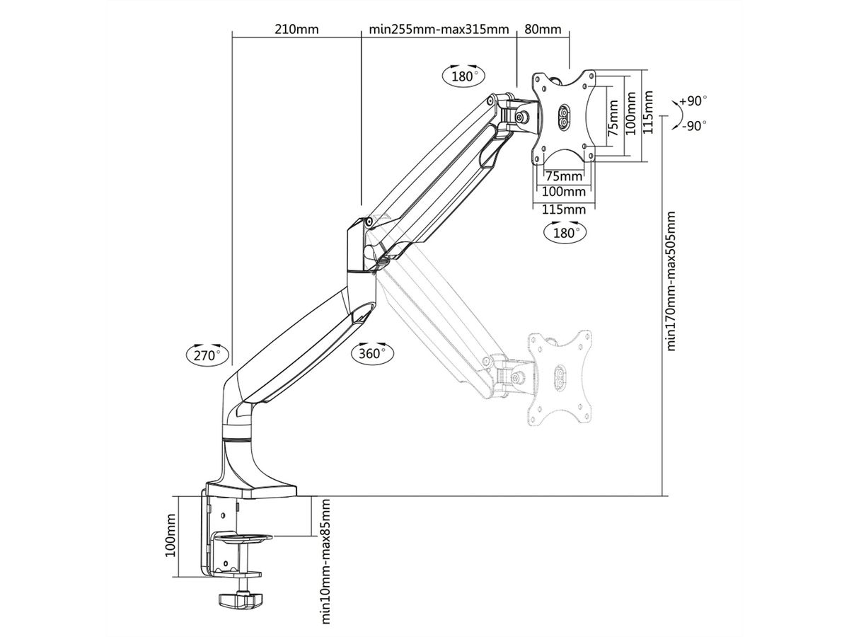 VALUE Support LCD, montage sur bureau, vérin à gaz, 5 articulations