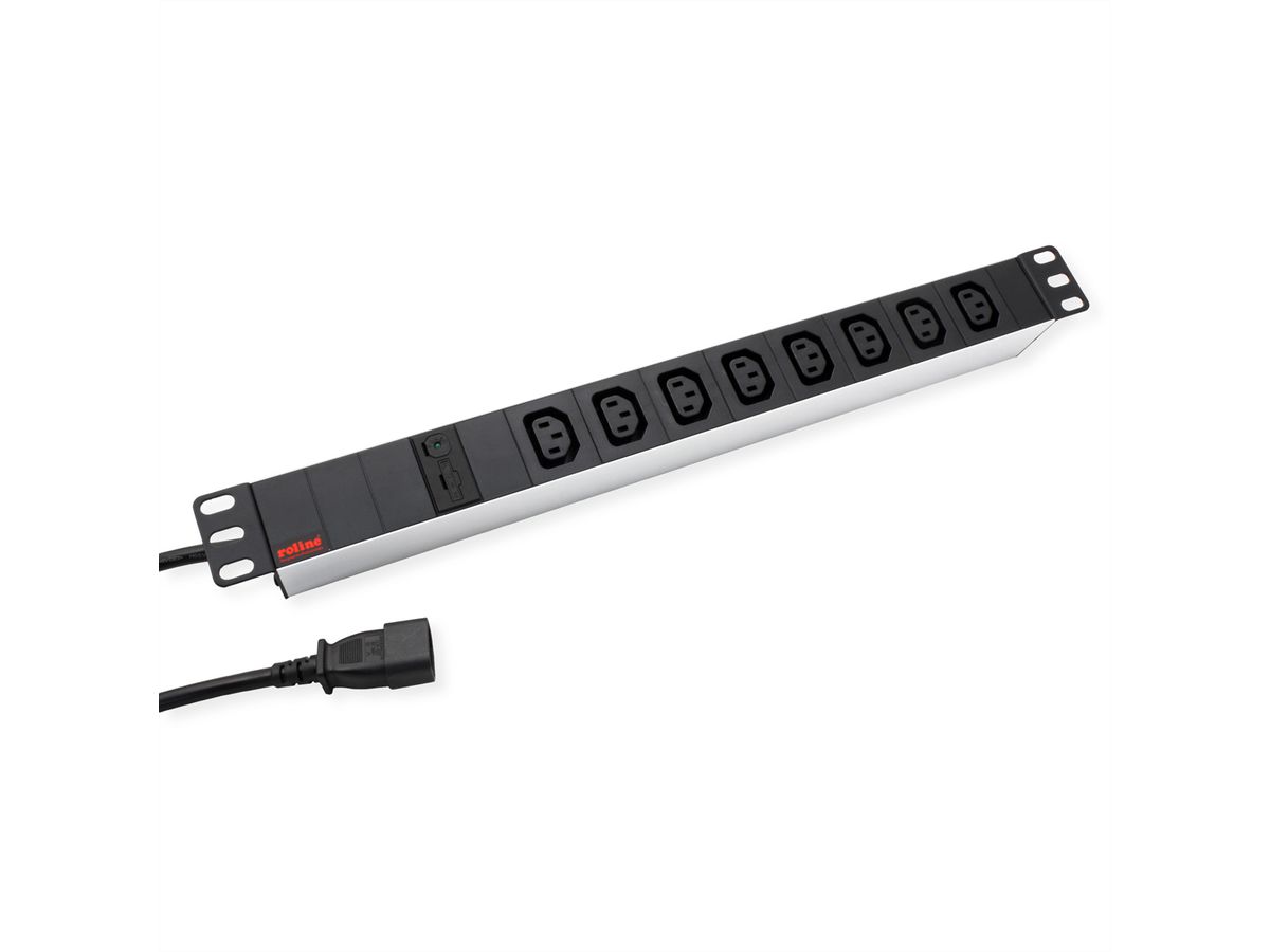 ROLINE 19-Zoll-Steckdosenleiste 8-fach C13 + C14-Stecker, 10A, silberfarben, 2 m