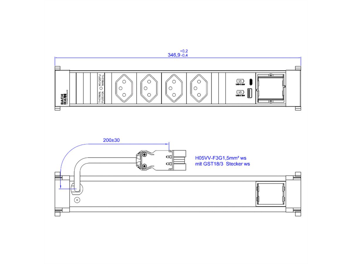 BACHMANN POWER FRAME 4xCH 0° 1xCM 1xUSB A/C 22W 0,2m GST18