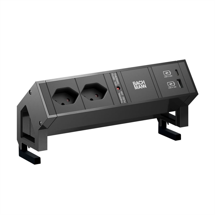 BACHMANN DESK2 2xCH 90° 1xUSB A/C 22W, 0,2m GST18 RAL9005 Schweiz