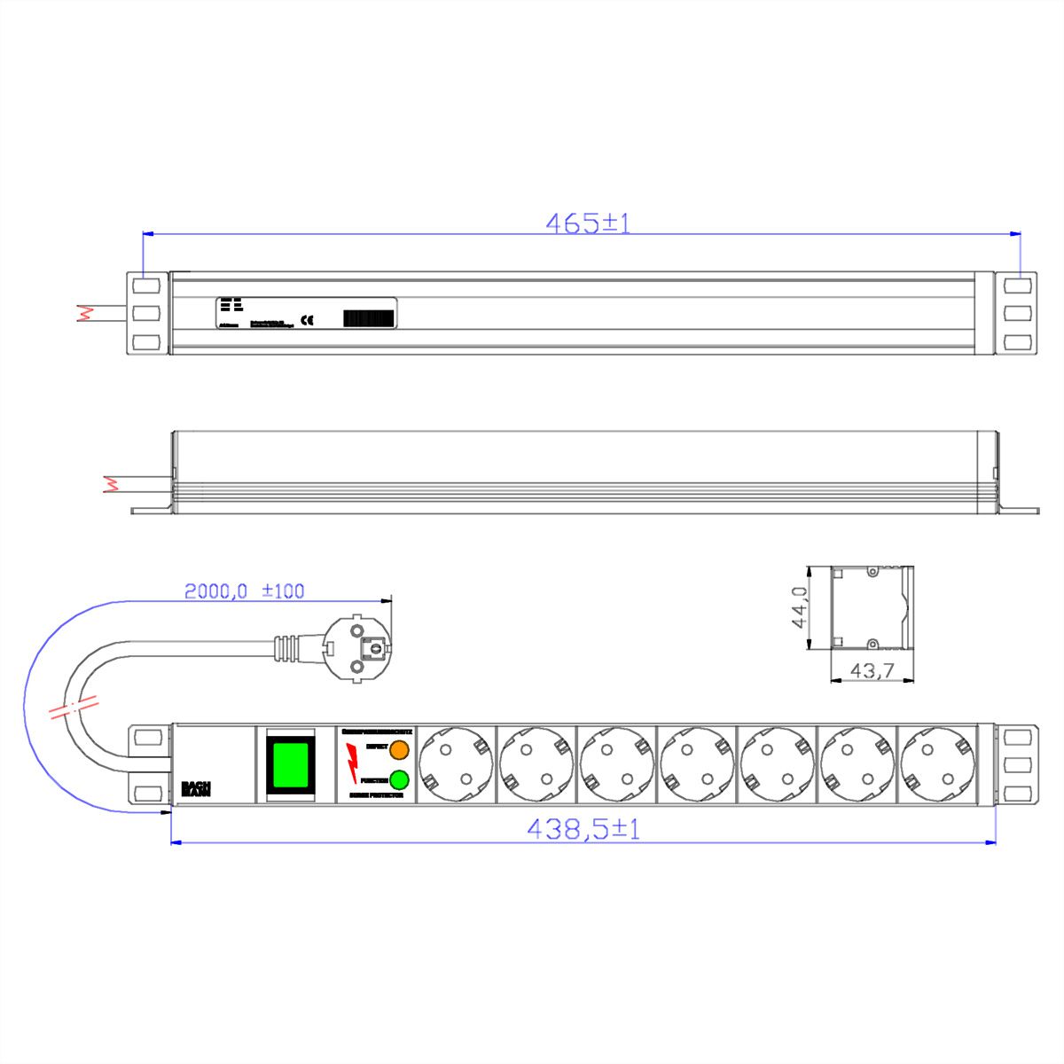 BACHMANN Bâti de prises 19" 7x avec TGB avec interrupteur