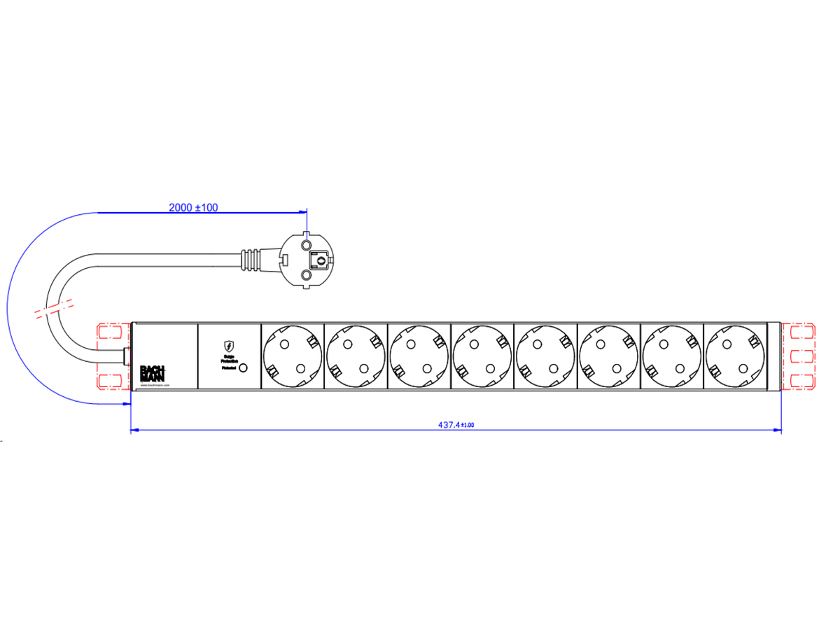 BACHMANN 19" 1UH 8xCEE7/3 sw 1xSPD-Plus 2,0m CEE7/7