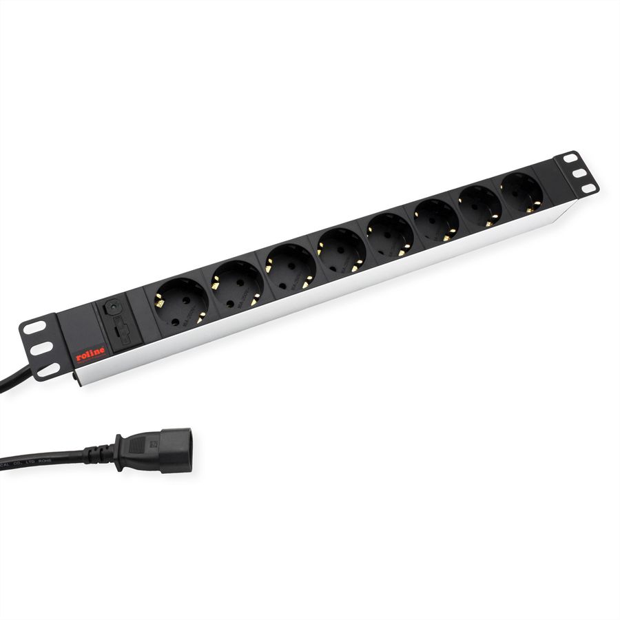 ROLINE 19-Zoll-Steckdosenleiste 8fach + C14-Stecker, silberfarben, 2 m
