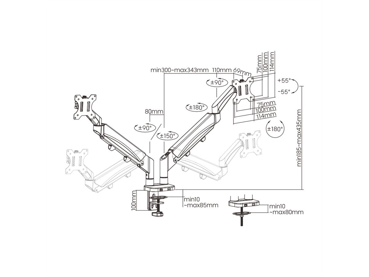 VALUE LCD-Doppelarm, Tischmontage, Platzsparend, Springfeder, 6 Gelenke, 17-32 Zoll, bis 2x 9 kg