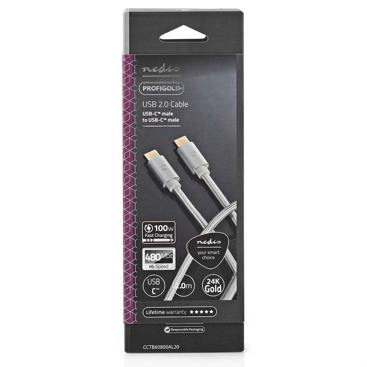 Nedis USB 2.0 Kabel, Typ C-C, ST/ST, 100W, silber, 2m