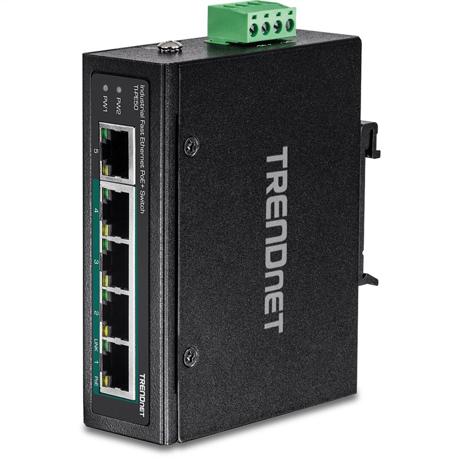 TRENDnet TI-PE50 DIN-Rail Switch 5-Port Industrial Fast Ethernet PoE+