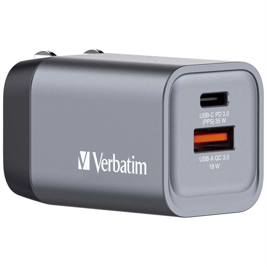 Verbatim GaN 2 Port Charger 35W, 1x USB-C, 1x USB-A, EU+UK Adapter