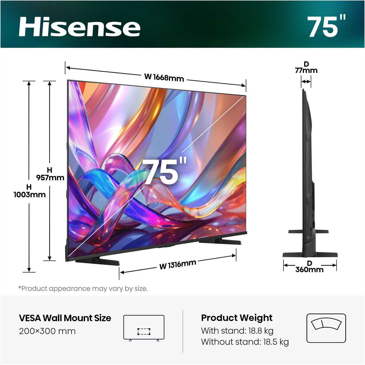 Hisense TV 75E7S 75", QLED 4K, 60Hz, 350 Nits