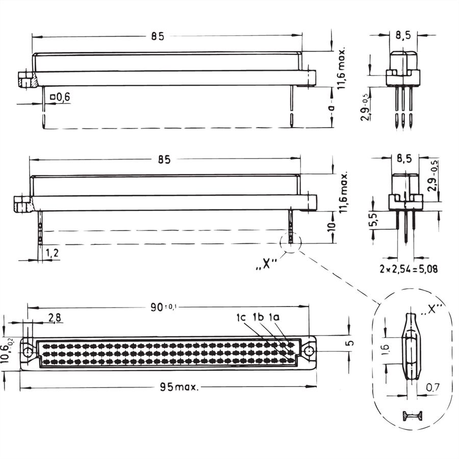 Connecteur SCHROFF de type C, EN 60603, DIN 41612, femelle, 96 contacts, broches à souder, 2.5 mm