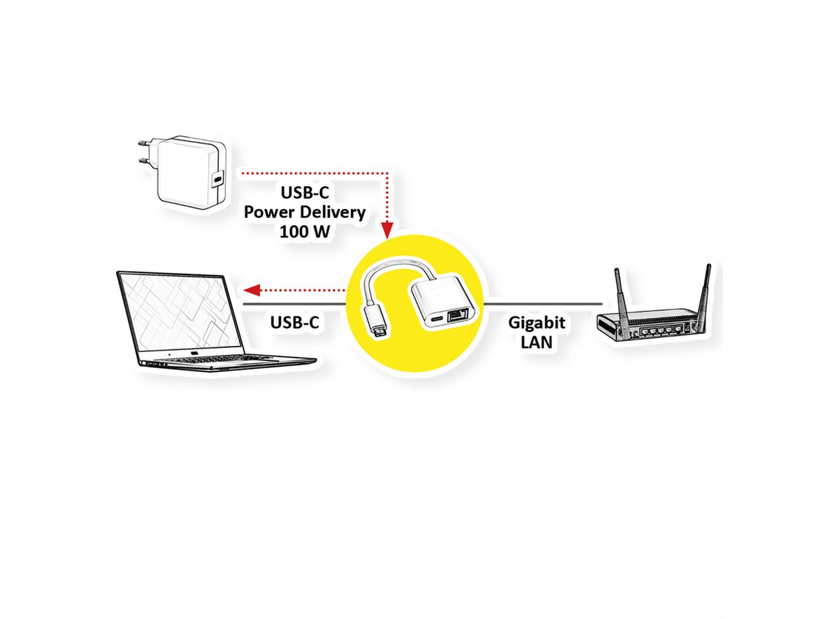 ROLINE USB 3.2 Gen 2 Typ C zu Gigabit Ethernet Konverter + 1x PD Port, 100W