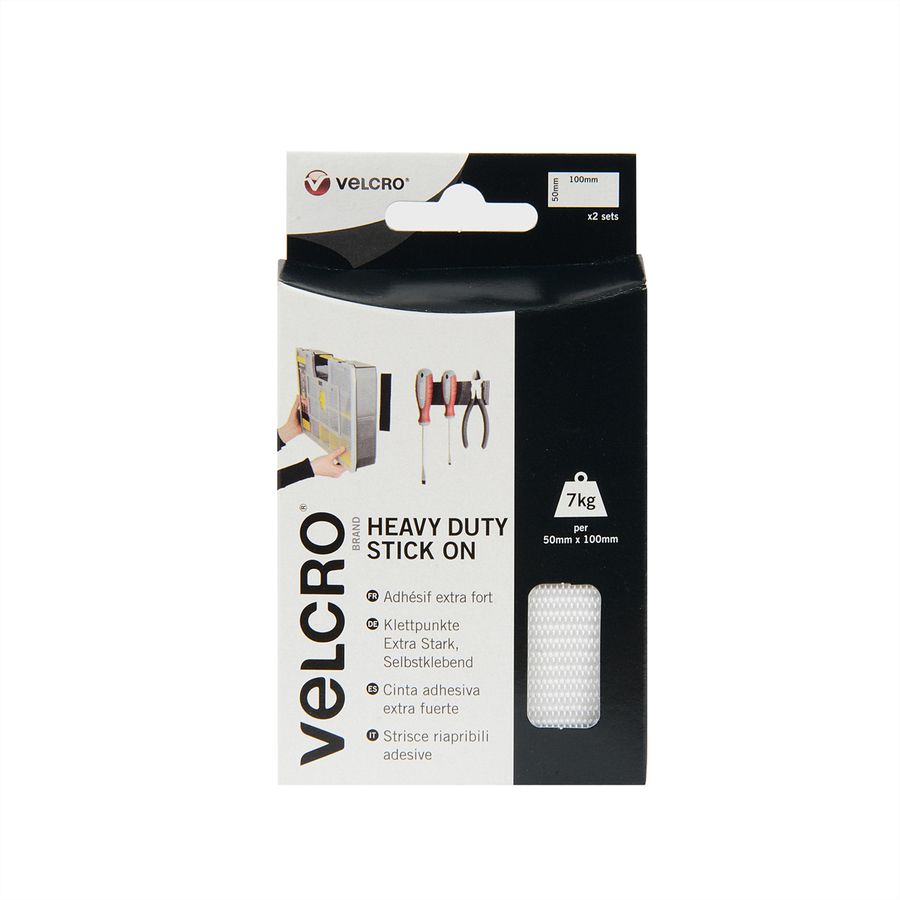 VELCRO® Bandes 50x100mm x 2 blanches, crochets&velours autocollants extra fort