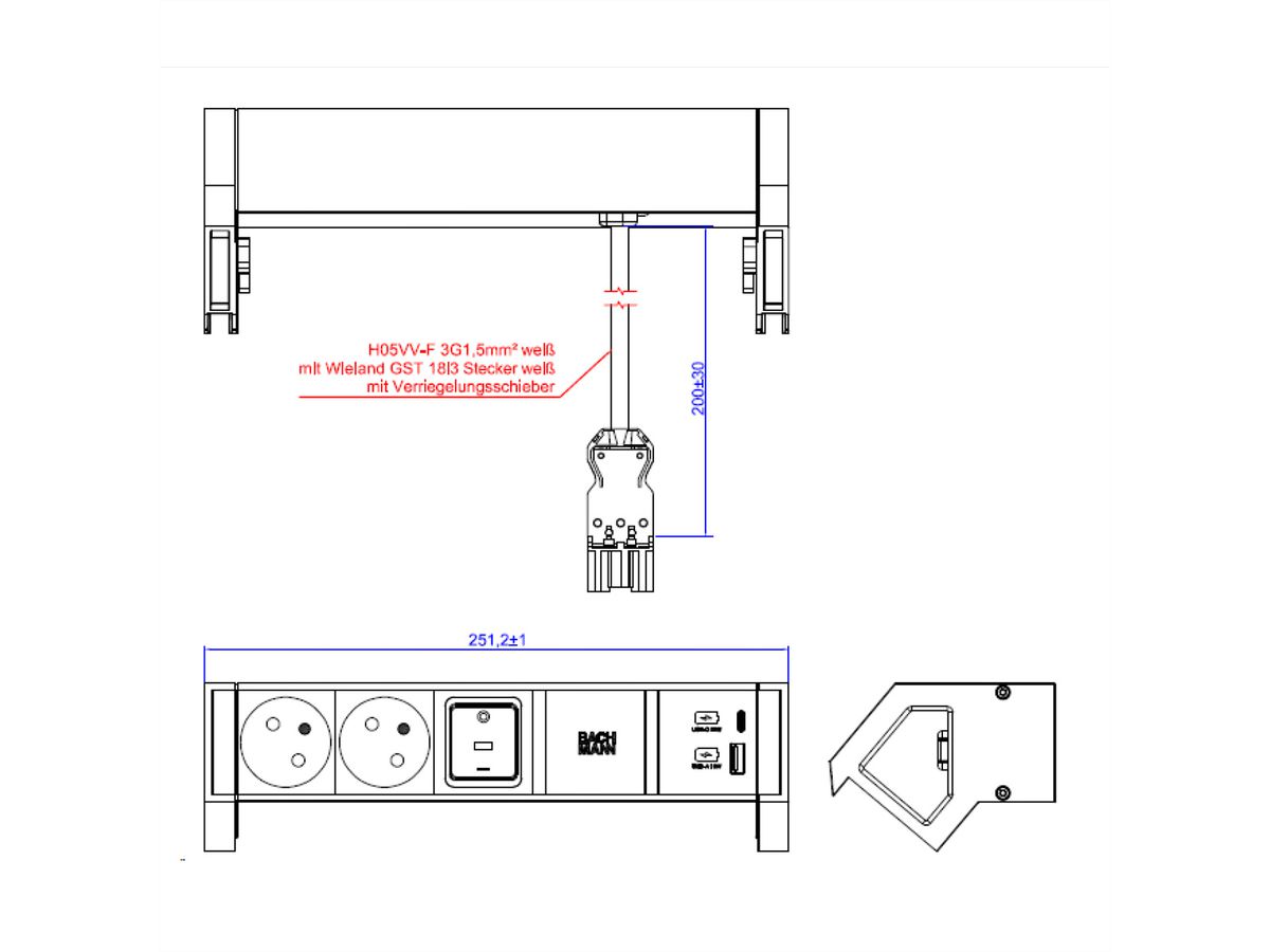 BACHMANN DESK2 white 2xUTE 1xSchalter 1xUSB A/C 22W 0,2m GST18