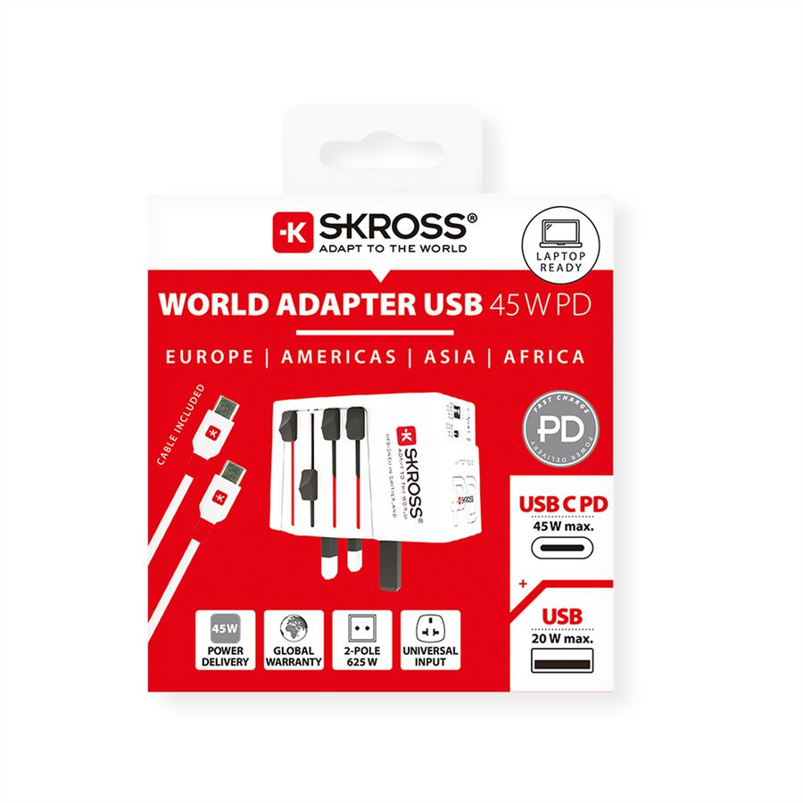 SKROSS Adaptateur de voyage MUV USB A/C 45PD avec câble USB-C, monde