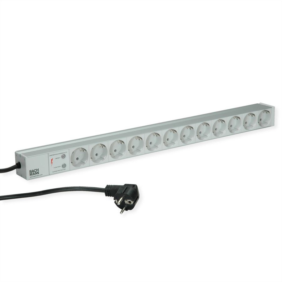 BACHMANN IT PDU ALU 1U 12x contact de protection, câble d'alimentation avec fiche à contact de protection