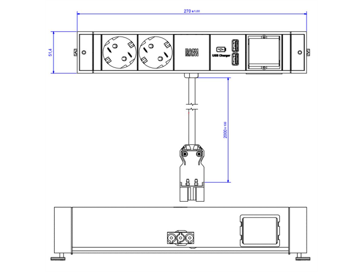 BACHMANN DESK RAIL 2x contact de protection 1x USB Charger 1x ABD