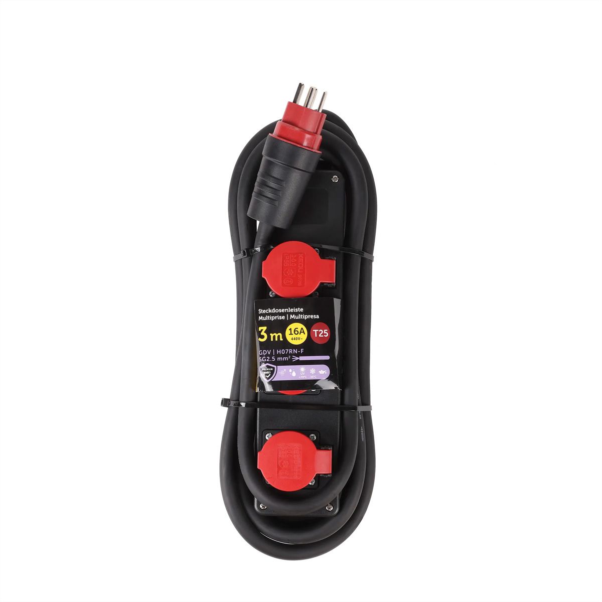 Steckdosenleiste Kunststoff 3xT25 IP55 , mit 3m Kabel H07RN-F 5G2.5mm2 , schwarz