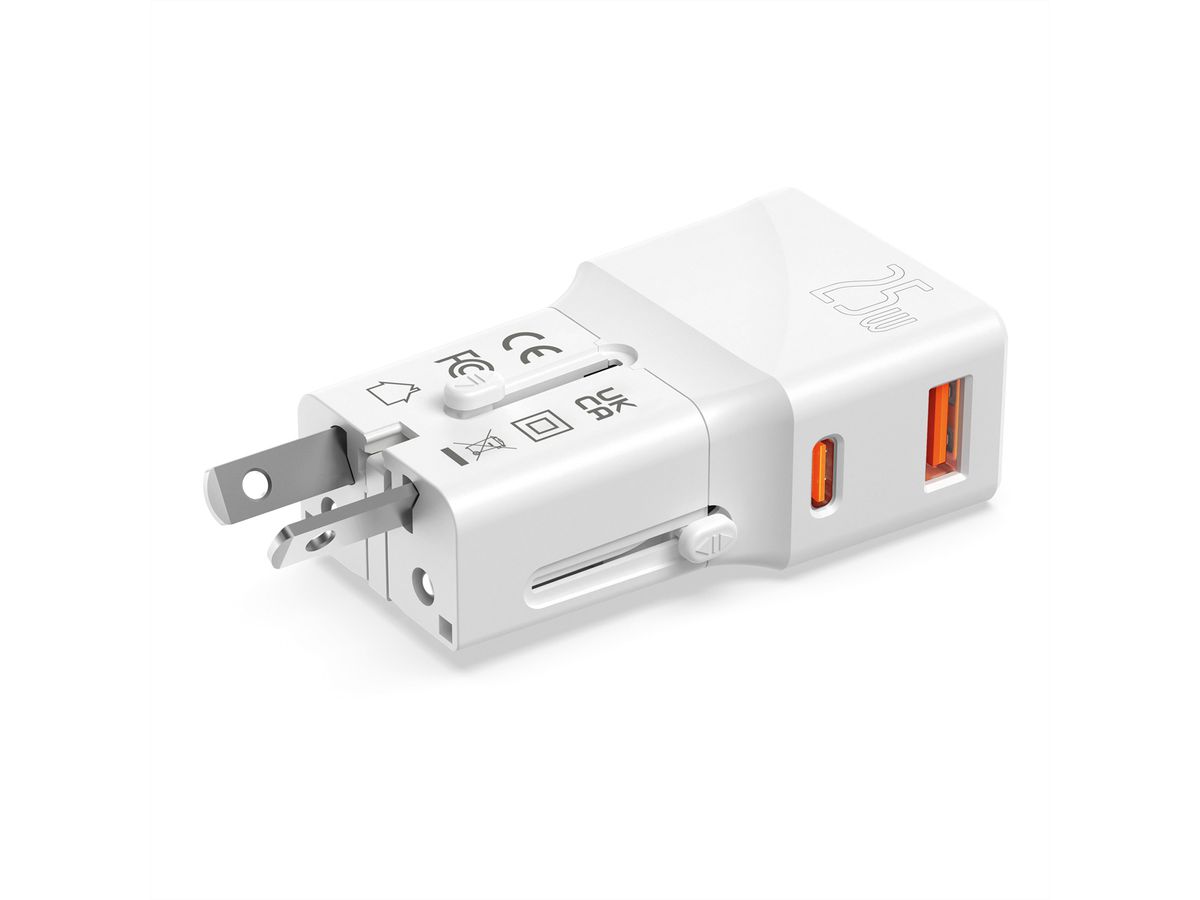 VALUE Chargeur de voyage USB avec prise UK/US/Euro, 2 ports, 1x QC3.0 A + 1x C (PD), 25W