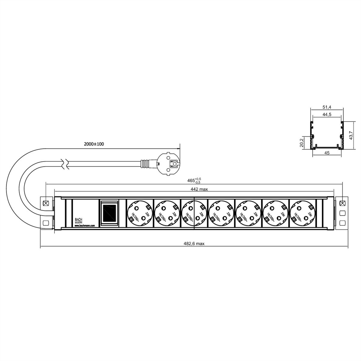 BACHMANN 19" 1,5UH 7xCEE7/3 1xcommutateur courant 2,0m CEE7/7