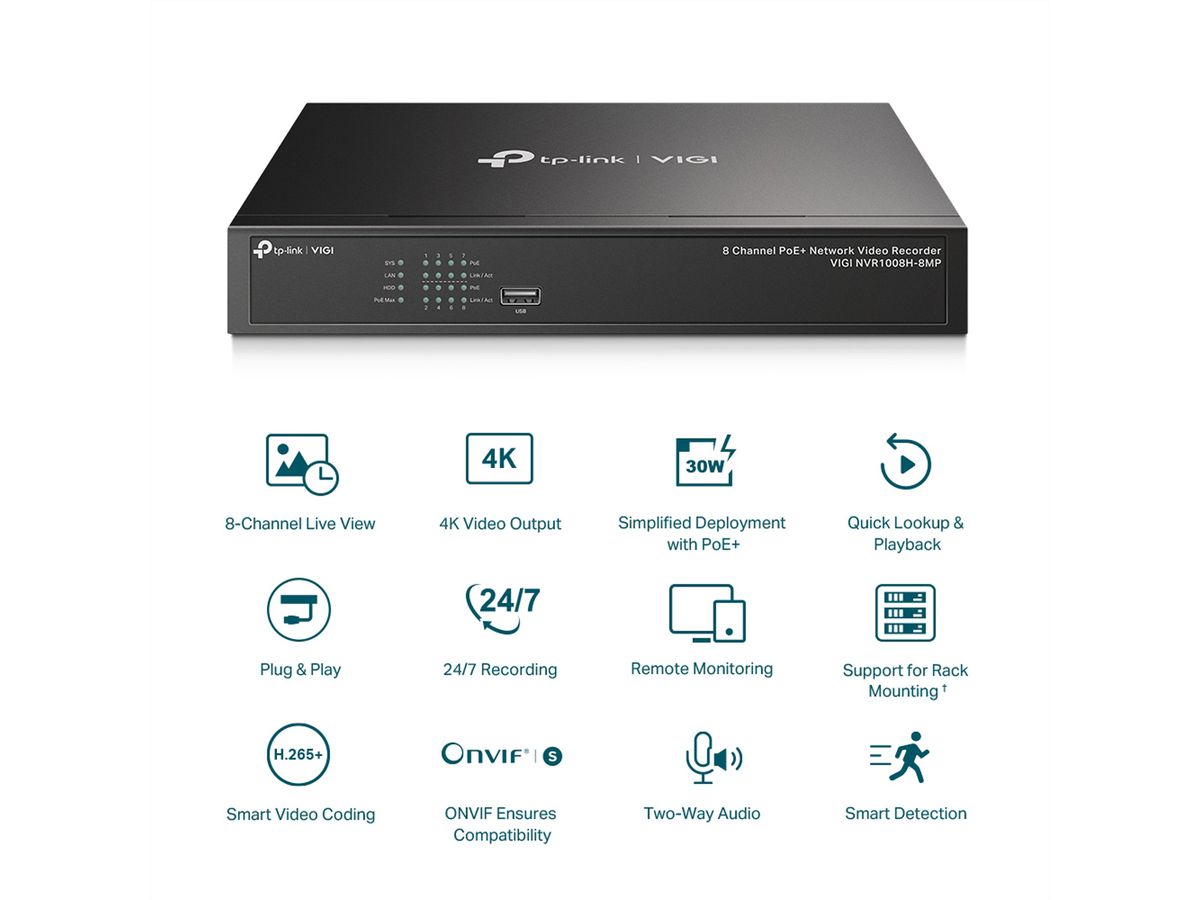 TP-Link NVR1008H-8MP NVR Enregistreur vidéo en réseau 8-CH, 8x PoE
