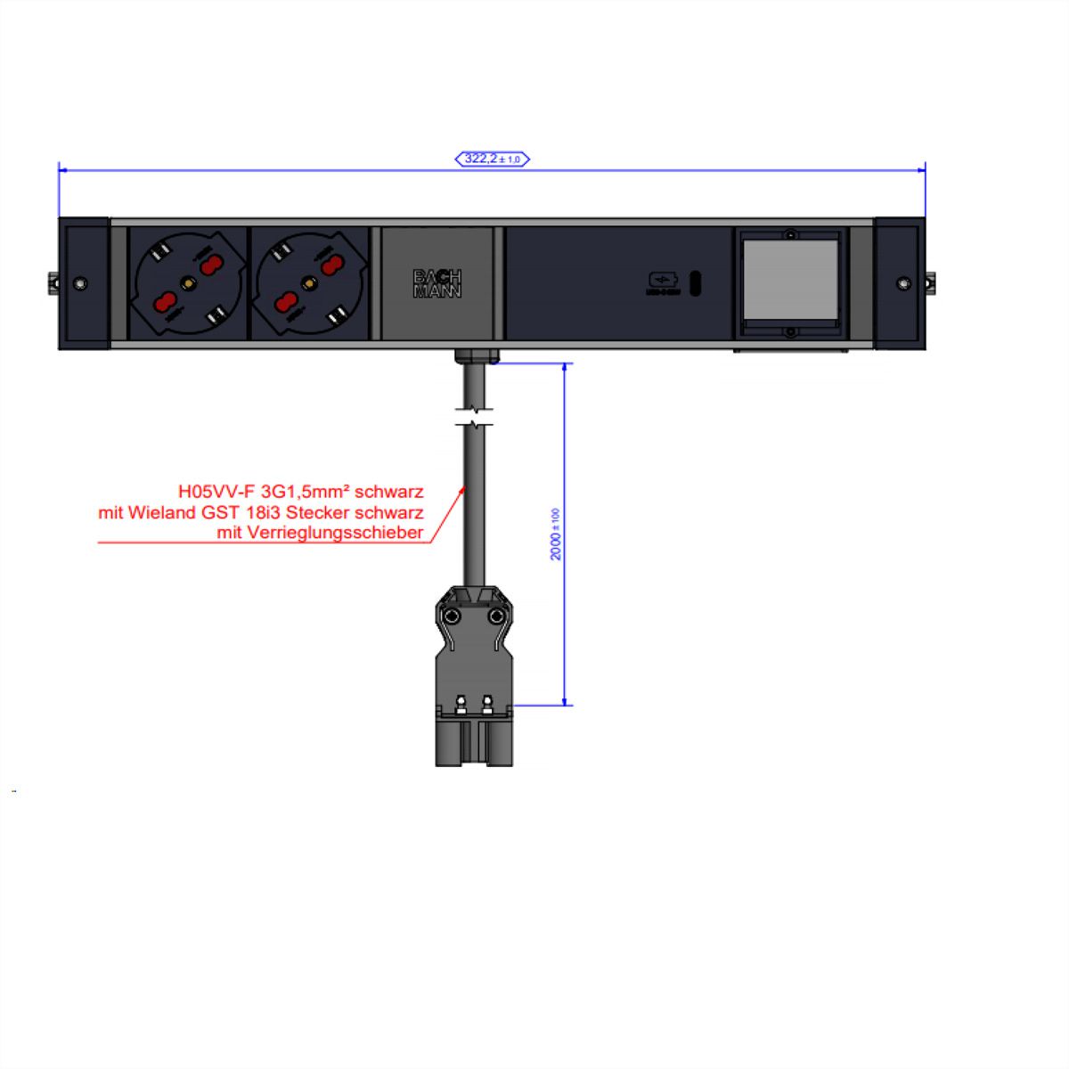 BACHMANN DESK RAIL 2xP40 1xUSB C 60W, ITALIE