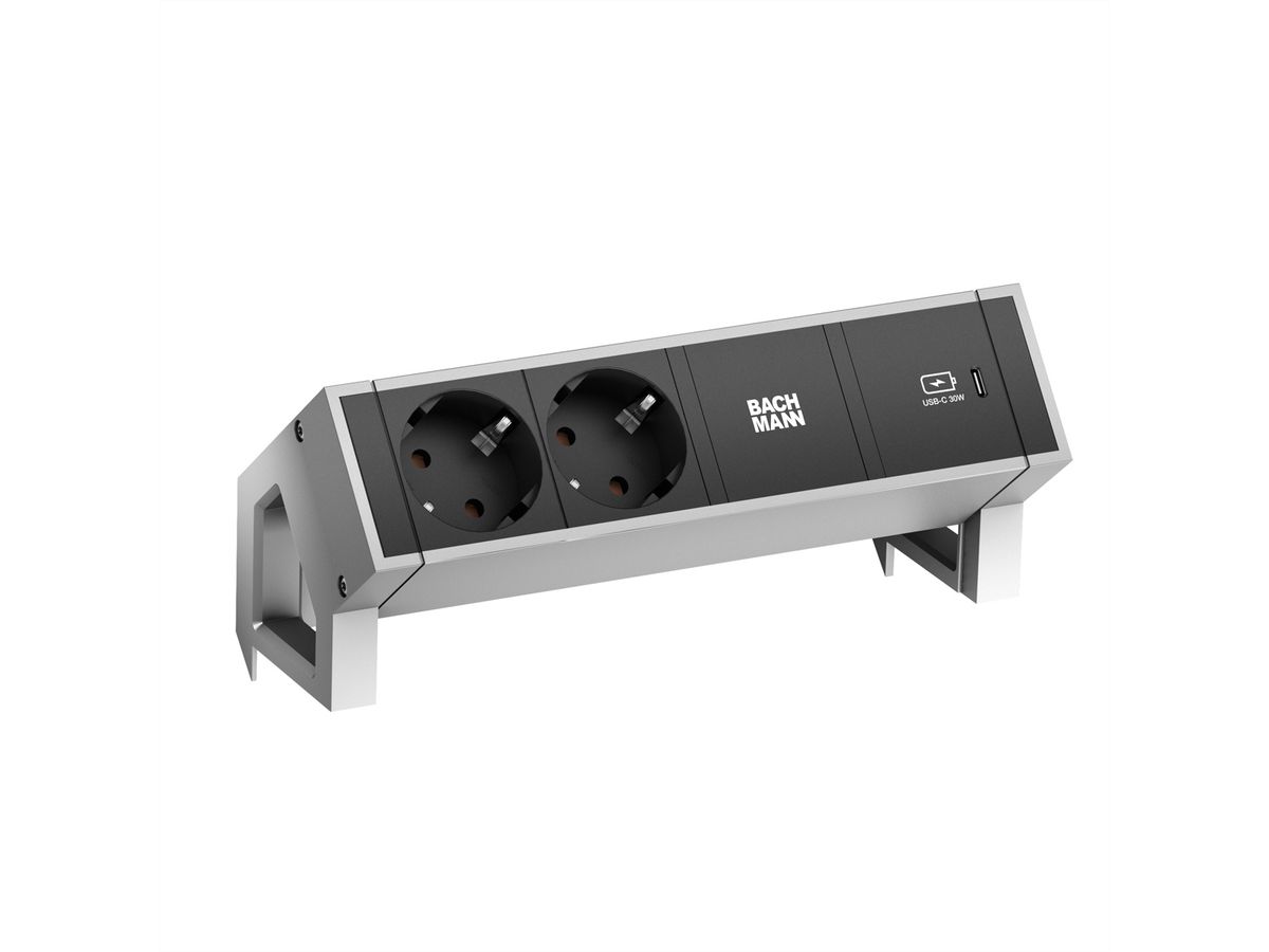 BACHMANN DESK2 2xSchutzkontakt USB C, USB Charger 30W 0,2m GST18 INOX
