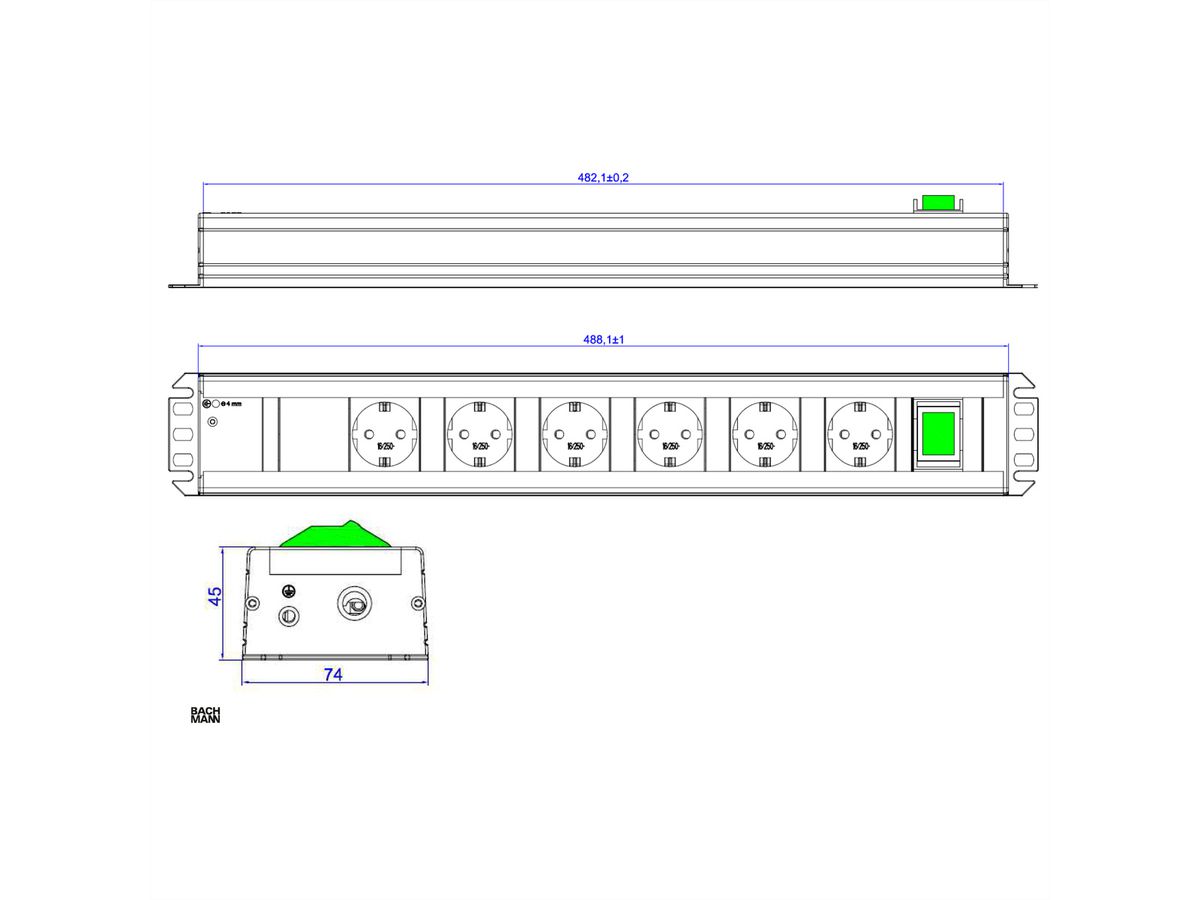 BACHMANN HANDWERKERLEISTE 6xSchutzkontakt, 1xSchalter