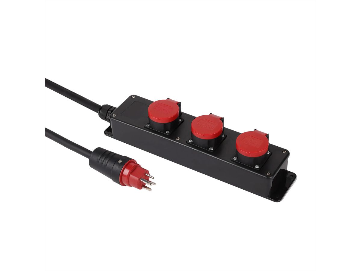 Steckdosenleiste Kunststoff 3xT25 IP55 , mit 3m Kabel H07RN-F 5G2.5mm2 , schwarz