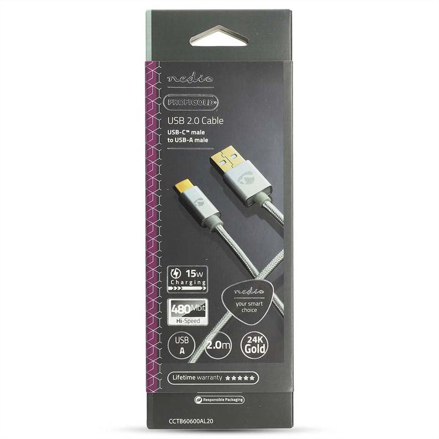 Nedis USB 2.0 Kabel, Typ C - Typ A, ST/ST, 15W, silber, 2m