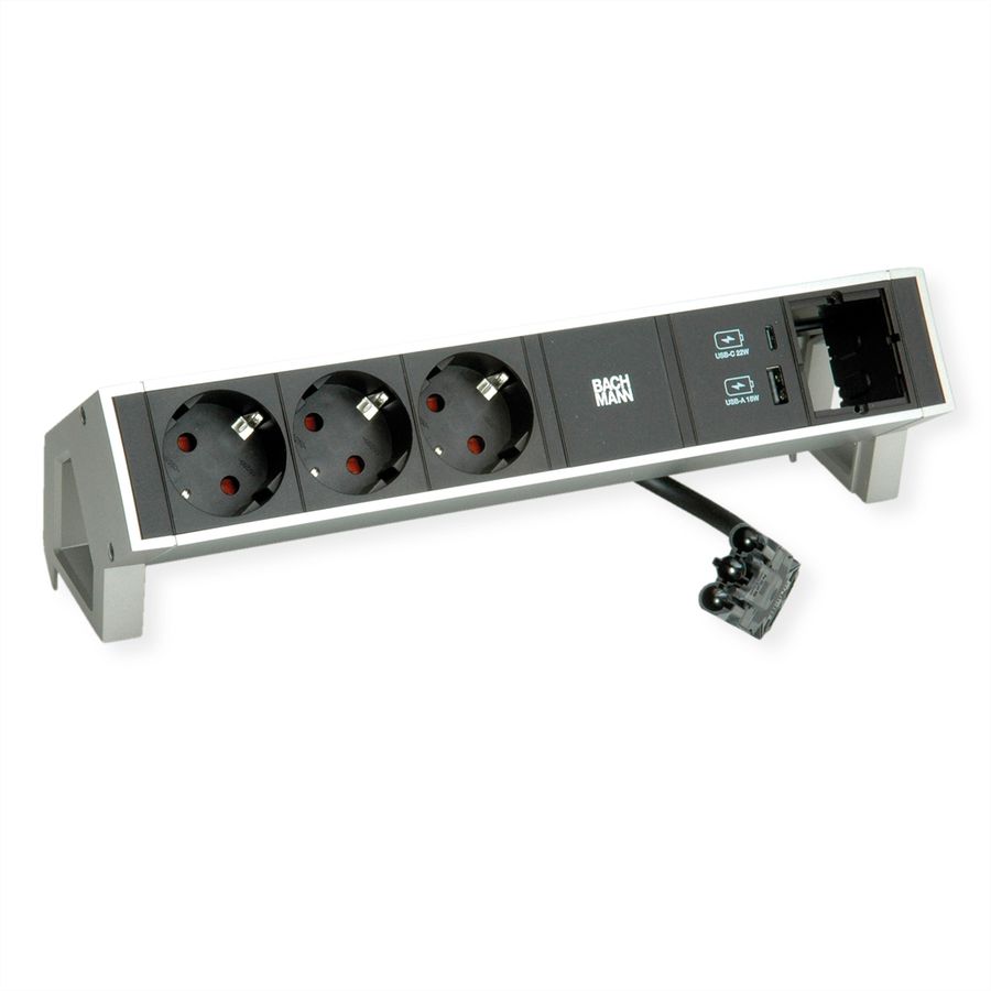 BACHMANN DESK2 3xCEE7/3 1x CM USB Charger A/C 22W, 0,2m GST18 INOX