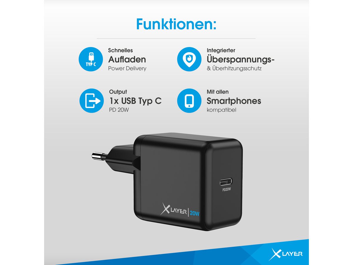 XLayer Chargeur Typ C Single Charger PD 20W Black, magnétique 15W