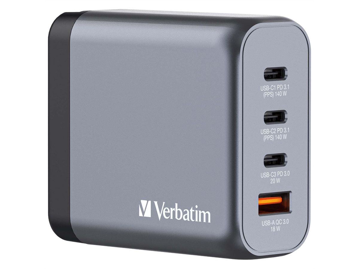 Verbatim GaN 4 Port Charger 140W, 3x USB-C, 1x USB-A, EU+UK Adapter