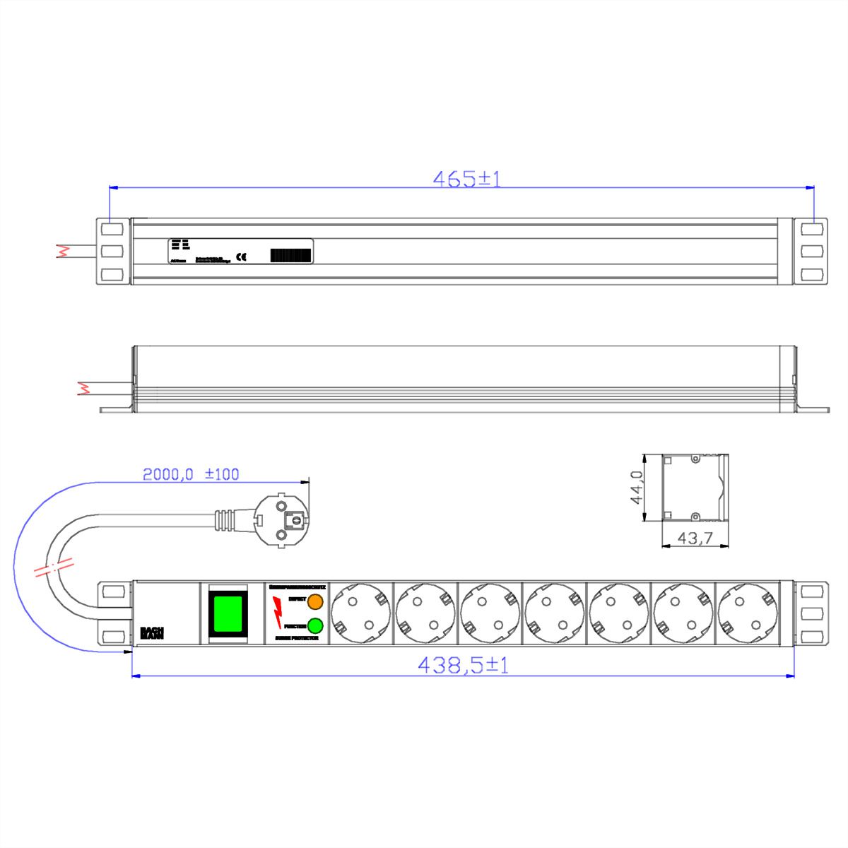 BACHMANN Bâti de prises 19" 7x avec TGB avec interrupteur, noir