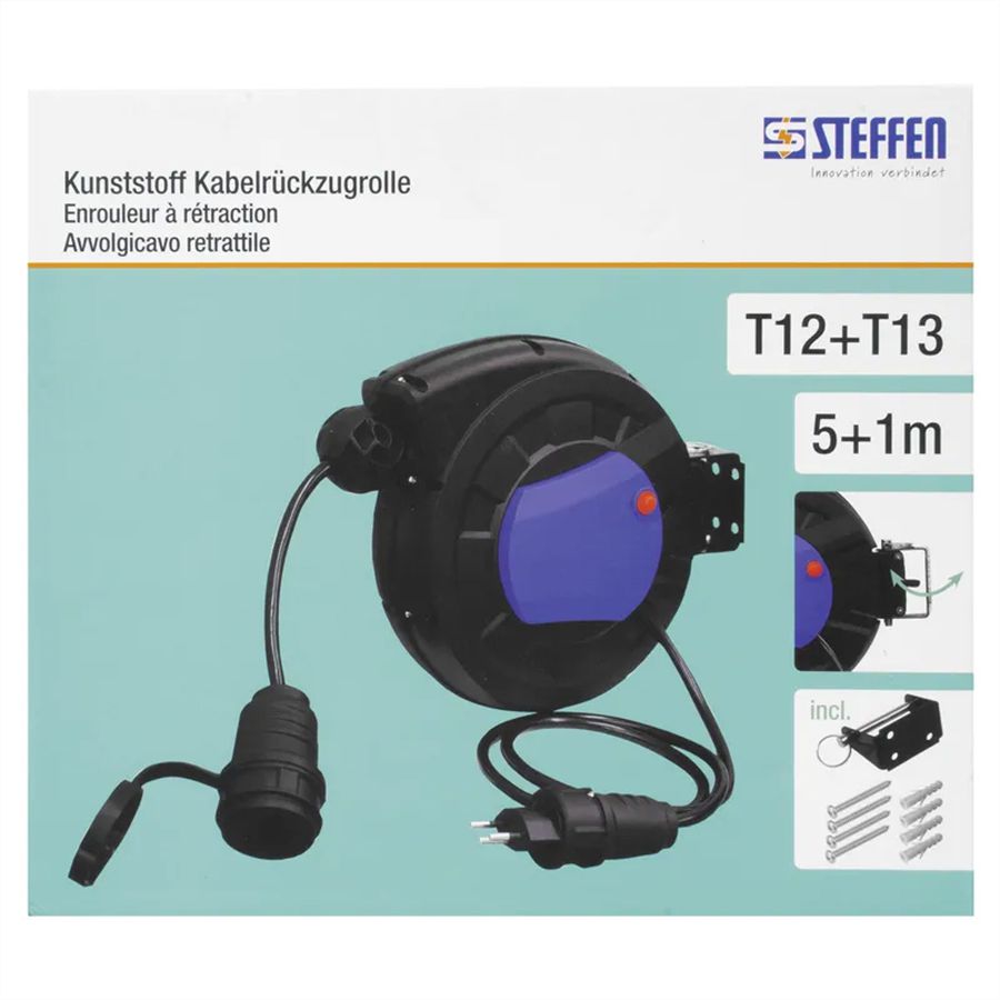 Steffen Kunststoff Kabelrückzugrolle 5m, 3x1.5mm2, 1xT13 mit Stecker T12 1m