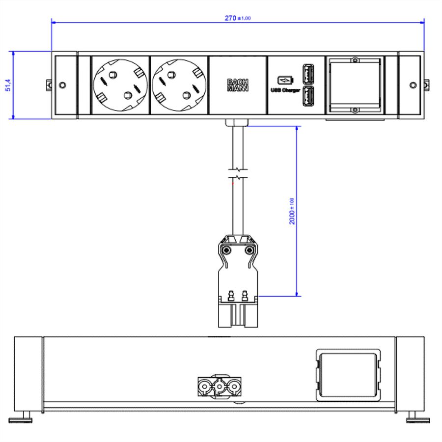 BACHMANN DESK RAIL 2x Schutzkontakt 1x USB Charger 1x ABD