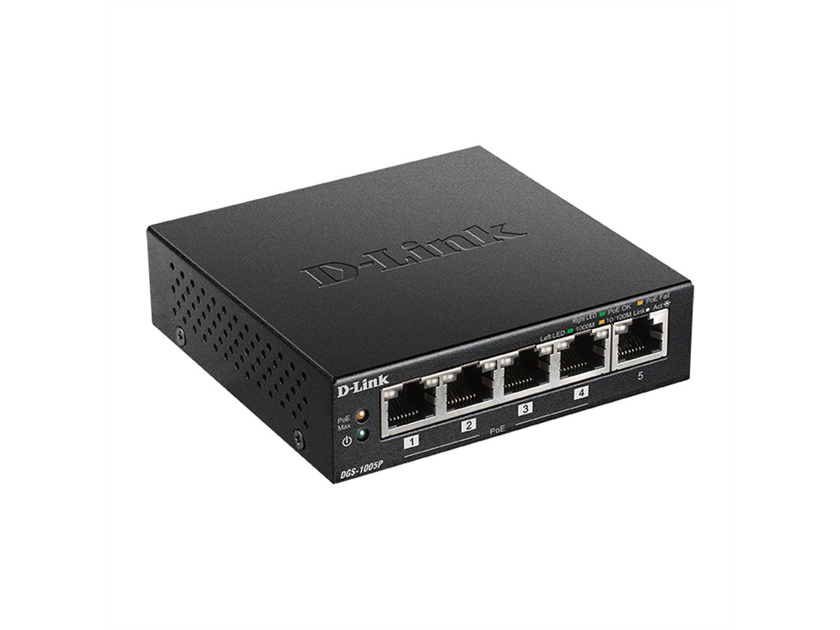 D-Link DGS-1005P/E 5-Port PoE+ Switch Gigabit, 4 PoE+ Ports, 60W