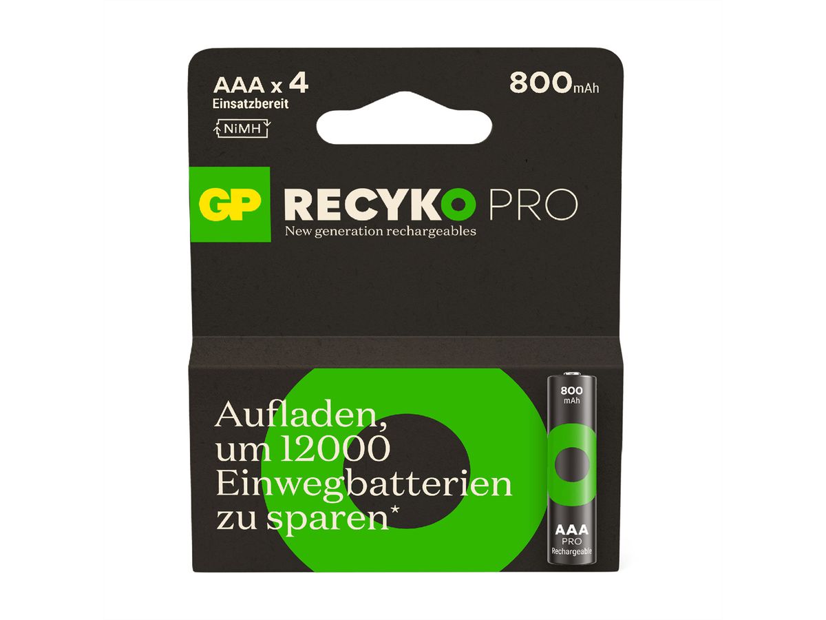 GP Batteries Recyko+ Pro, Akku 4xAAA, 800 mAh, 1,2 V
