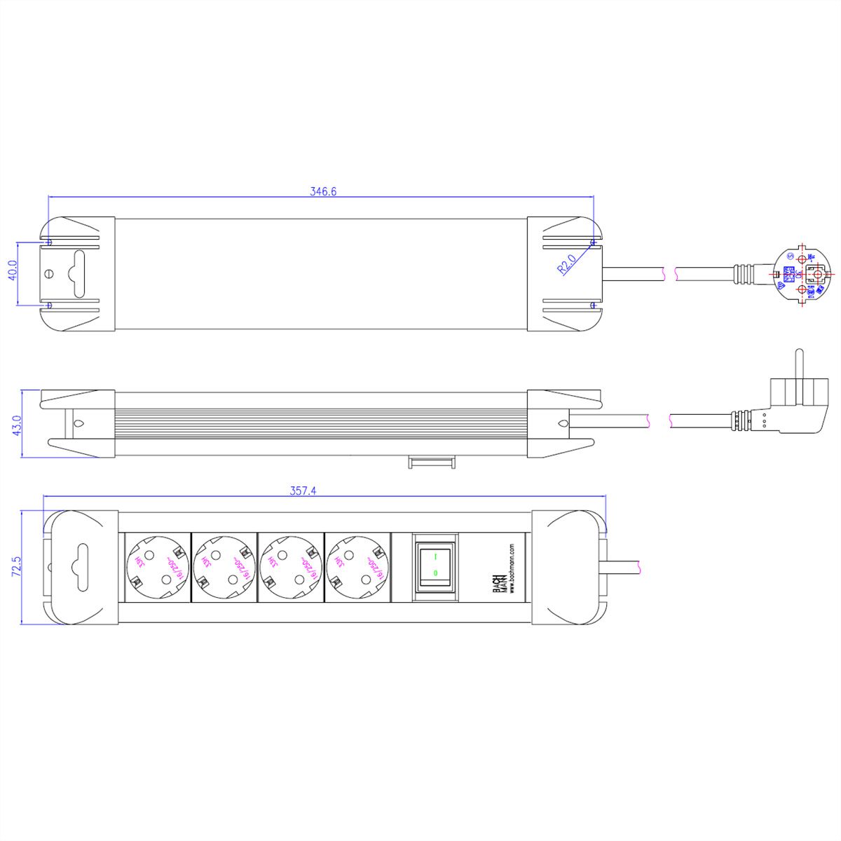 BACHMANN CONNECTUS Bâti de prises 4x contact de protection, plastique, avec interrupteur, 2 m