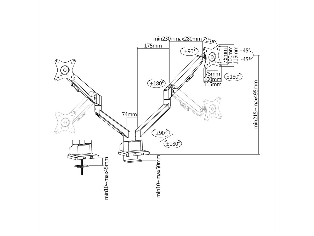 ROLINE LCD-Doppelarm, Tischmontage, Gasfeder, 5 Gelenke, 17-32 Zoll, bis 2x 9 kg, silberfarben